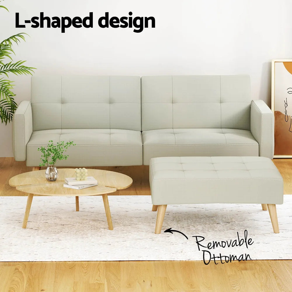 Roswell 3 Seater Fabric Sofa Bed & Ottoman - Beige