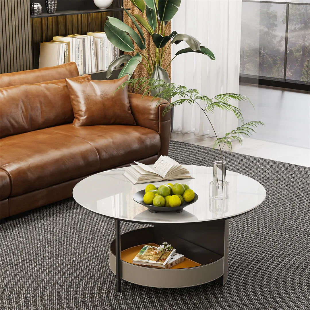 Civico Round Stone Coffee Table with Leather Shelf