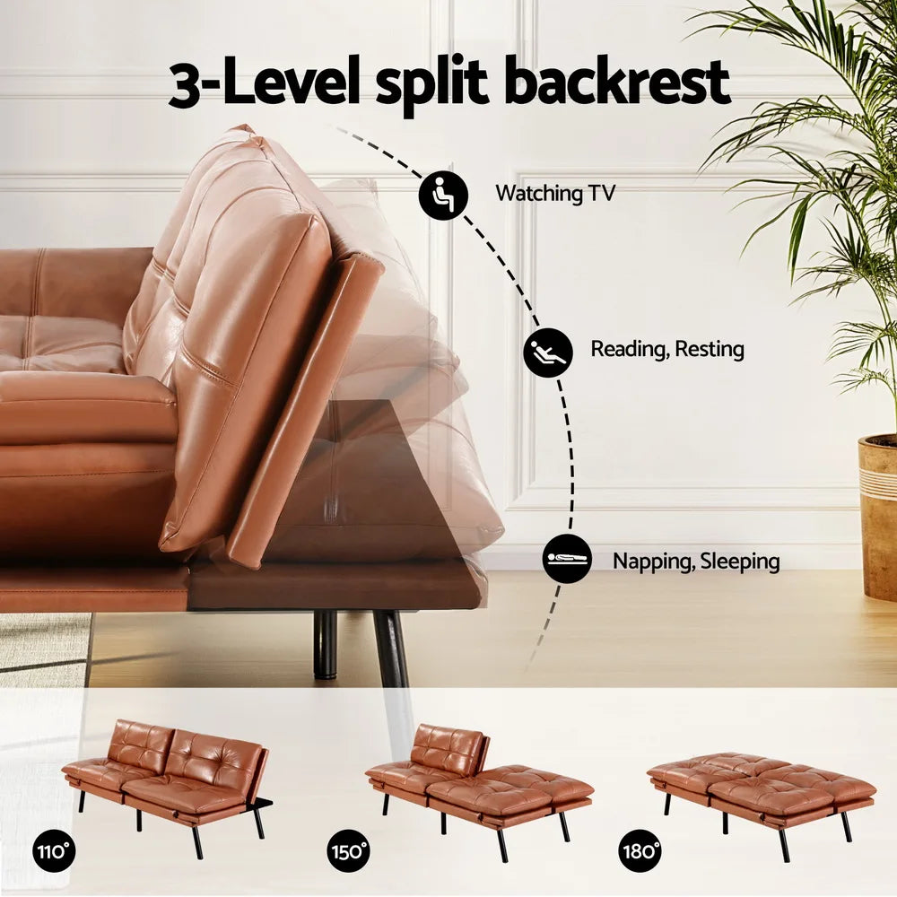 Dexter 3 Seater Leather Sofa Bed & Adjustable Armrest - Jersey Brown