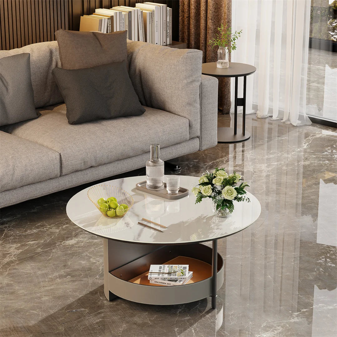 Civico Round Stone Coffee Table with Leather Shelf