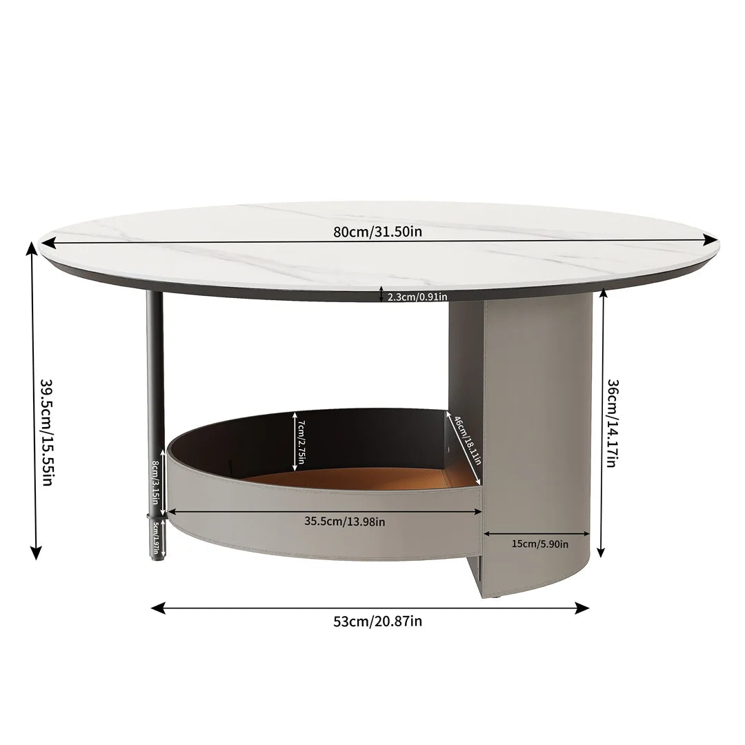 Civico Round Stone Coffee Table with Leather Shelf