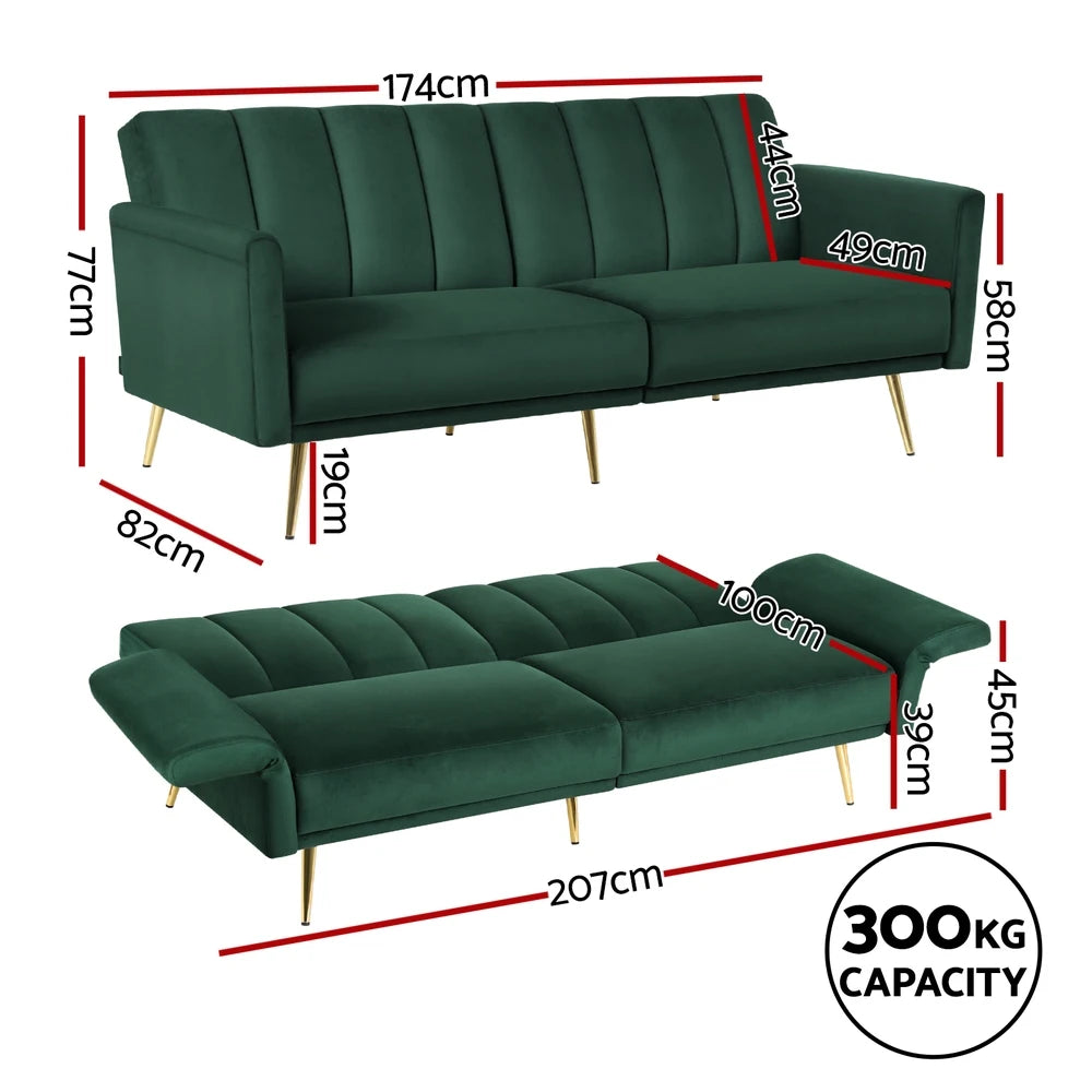 Emerald 3 Seater Premium Velvet Sofa Bed & Adjustable Armrest - Sapphire Green