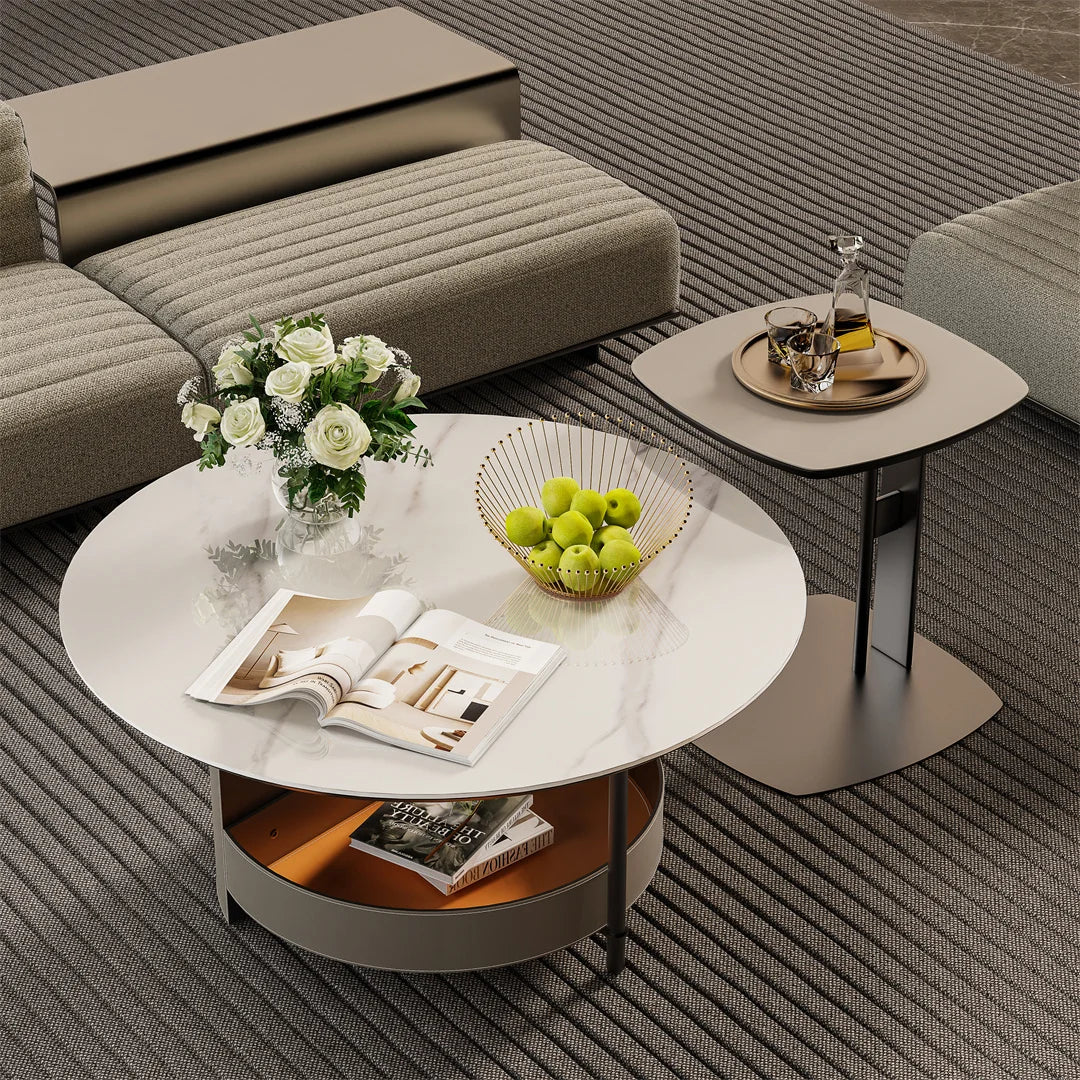 Civico Round Stone Coffee Table with Leather Shelf
