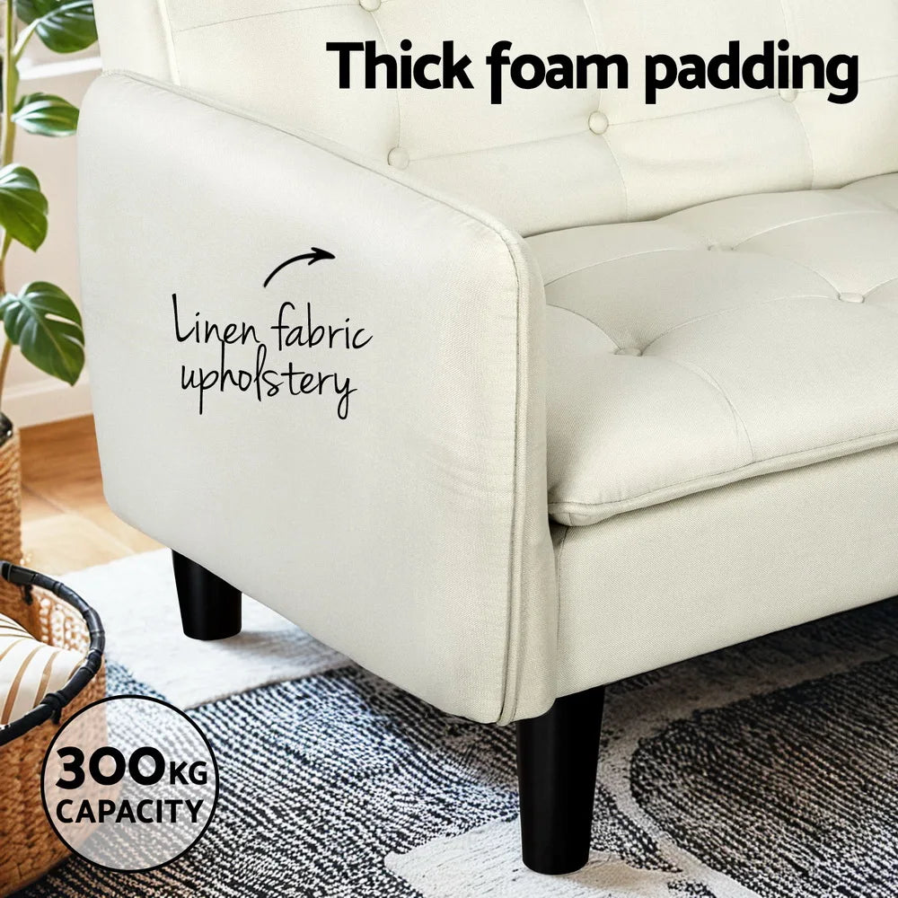 Arlo 3 Seater Button Sofa Bed Faux Linen Beige