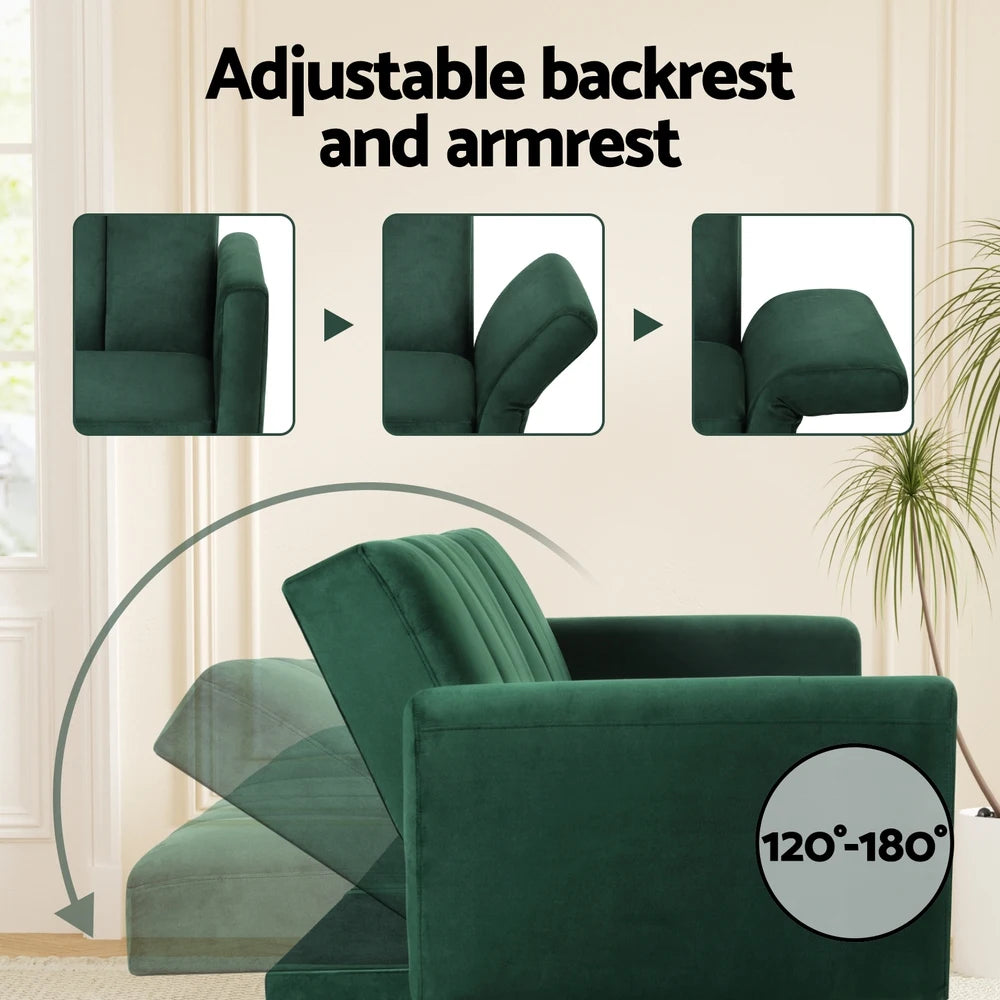 Emerald 3 Seater Premium Velvet Sofa Bed & Adjustable Armrest - Sapphire Green