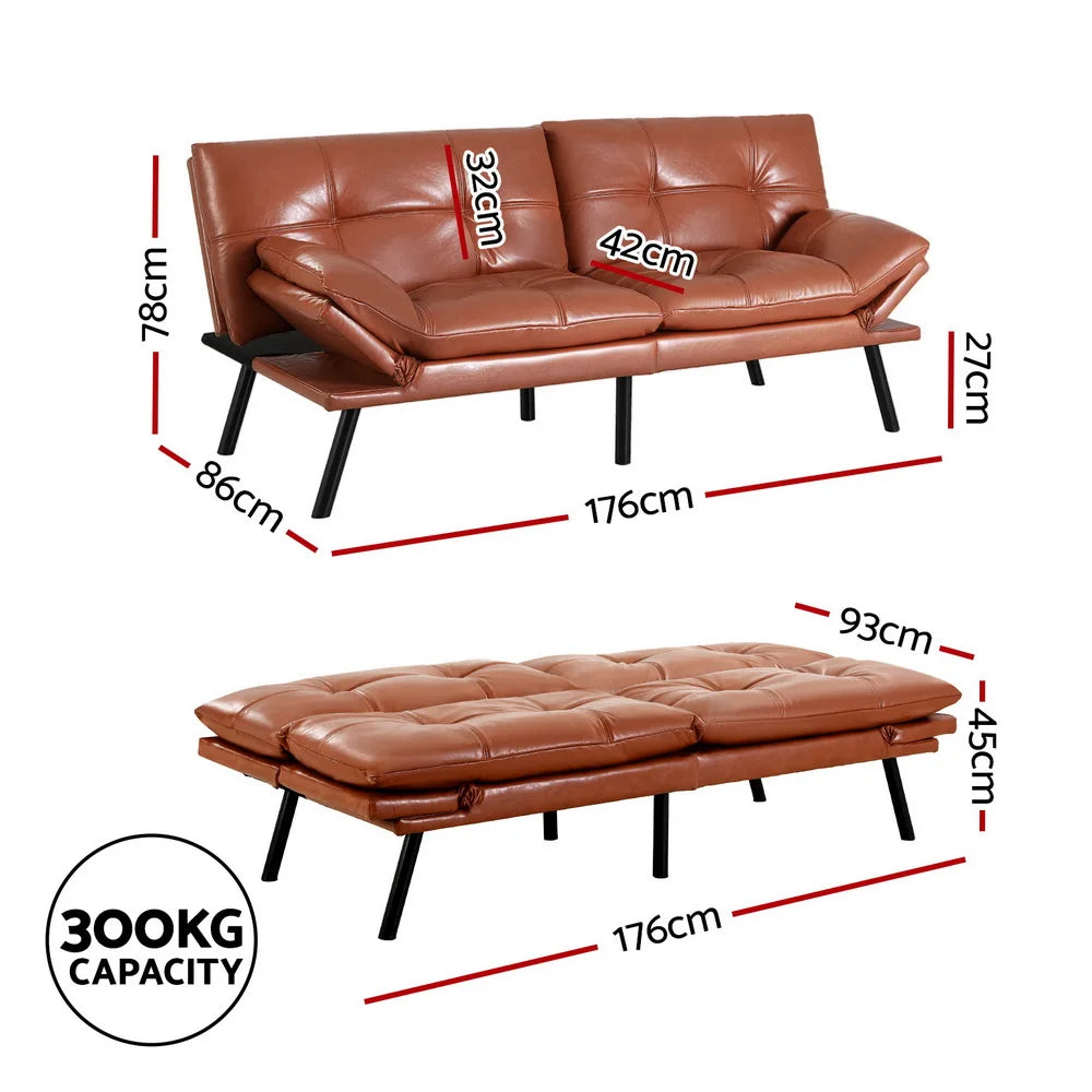 Dexter 3 Seater Leather Sofa Bed & Adjustable Armrest - Jersey Brown