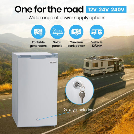 NNEMB 95L Portable Upright Fridge and Freezer 12V/24V/240V for Camping-Caravans-Silver