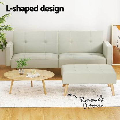 Roswell 3 Seater Fabric Sofa Bed & Ottoman - Beige