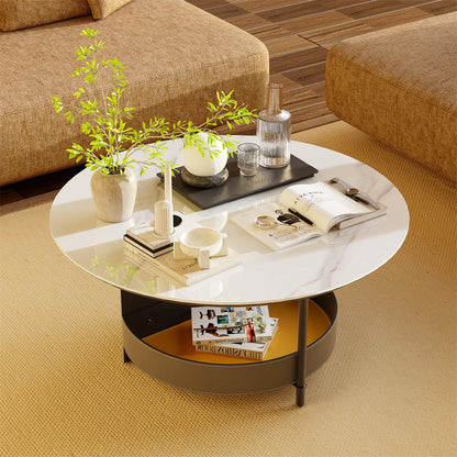 Civico Round Stone Coffee Table with Leather Shelf