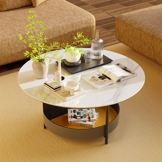 Civico Round Stone Coffee Table with Leather Shelf