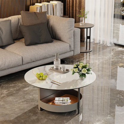 Civico Round Stone Coffee Table with Leather Shelf