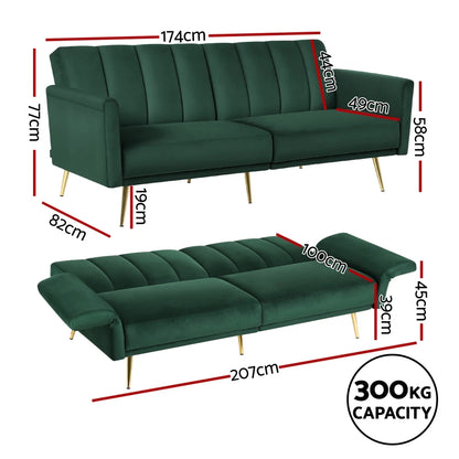 Emerald 3 Seater Premium Velvet Sofa Bed & Adjustable Armrest - Sapphire Green