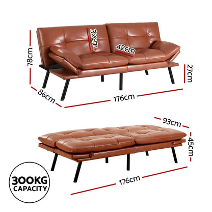 Dexter 3 Seater Leather Sofa Bed & Adjustable Armrest - Jersey Brown
